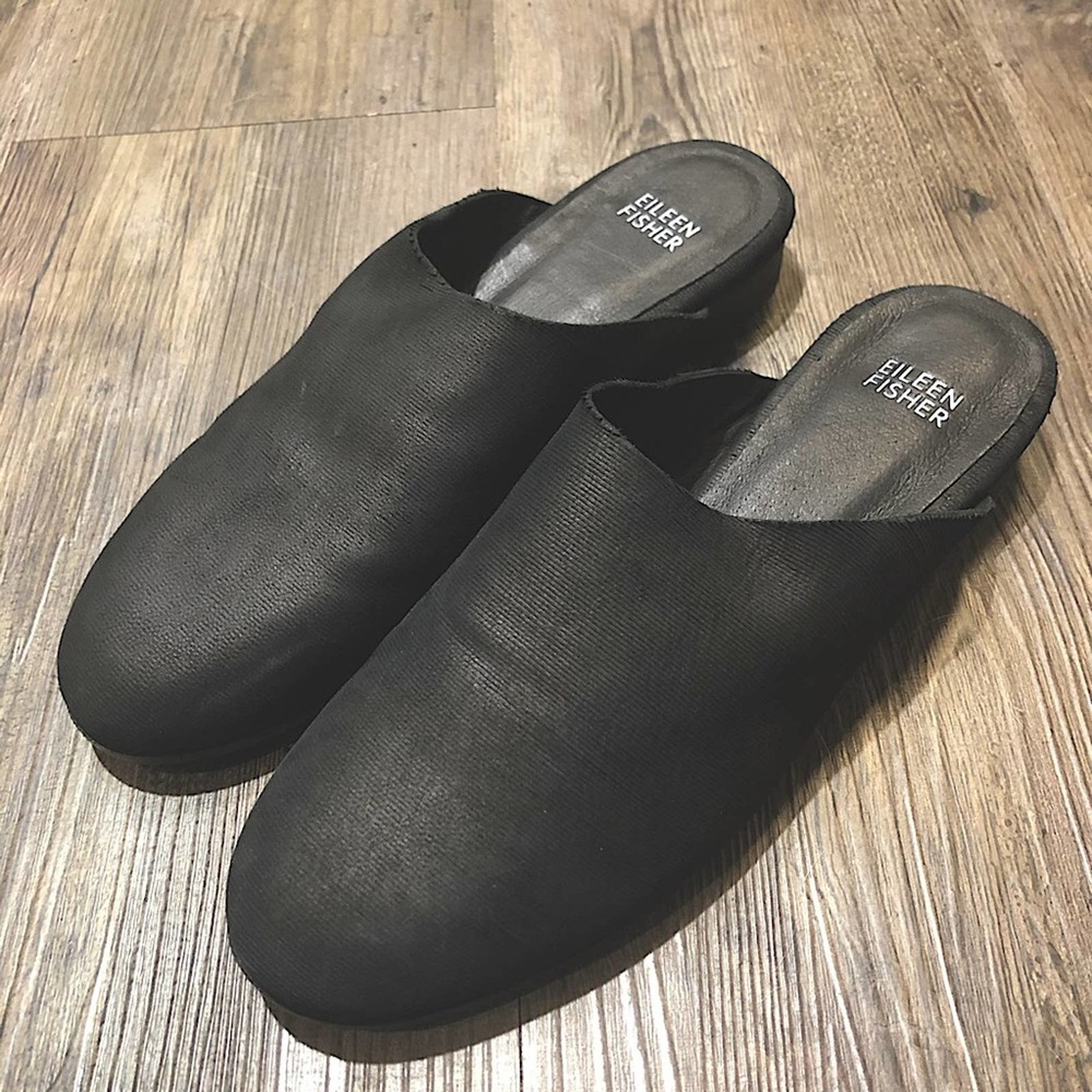 Eileen Fisher Black Mules Solid Soft Italian Leather Slip On Backless Flats 7
